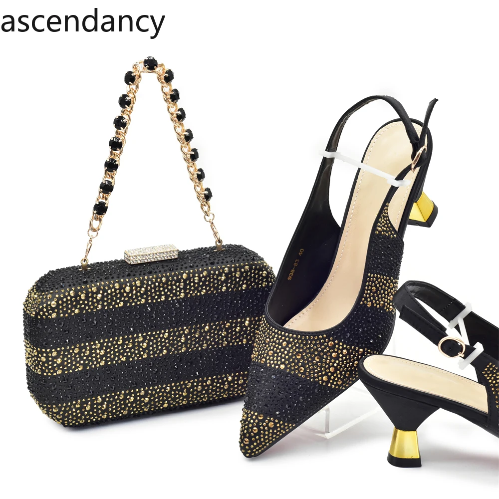 

African Shoe and Bags Set for Wedding Women Shoes and Bags To Match Set with Rhinestone Italy Lady Pumps Women Shoes Luxury