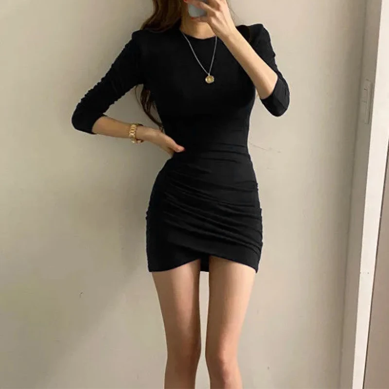 Sexy Dress Women Party Clothes Solid Color Round Neck Long Sleeve Ruched Bodycon Mini Dress Cocktail Dresses Streetwear