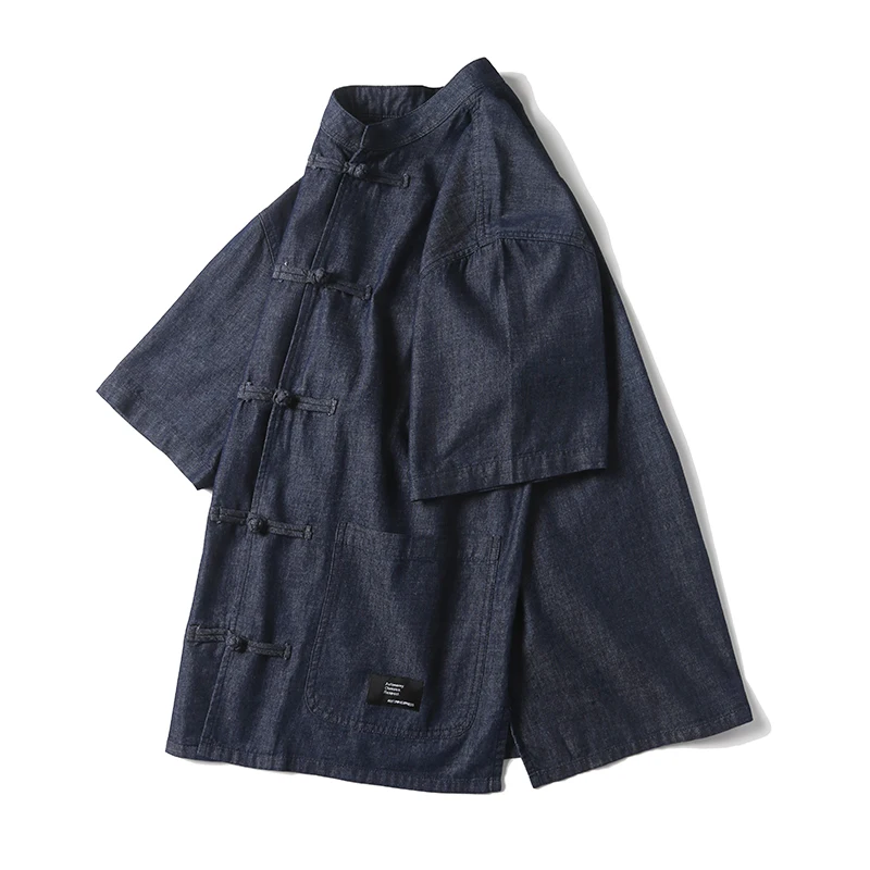 Men Summer Chinese Style Buttons Stand Collar Streetwear Vintage Loose Casual Short Sleeve Denim Shirts Cityboy Blouses Man 3