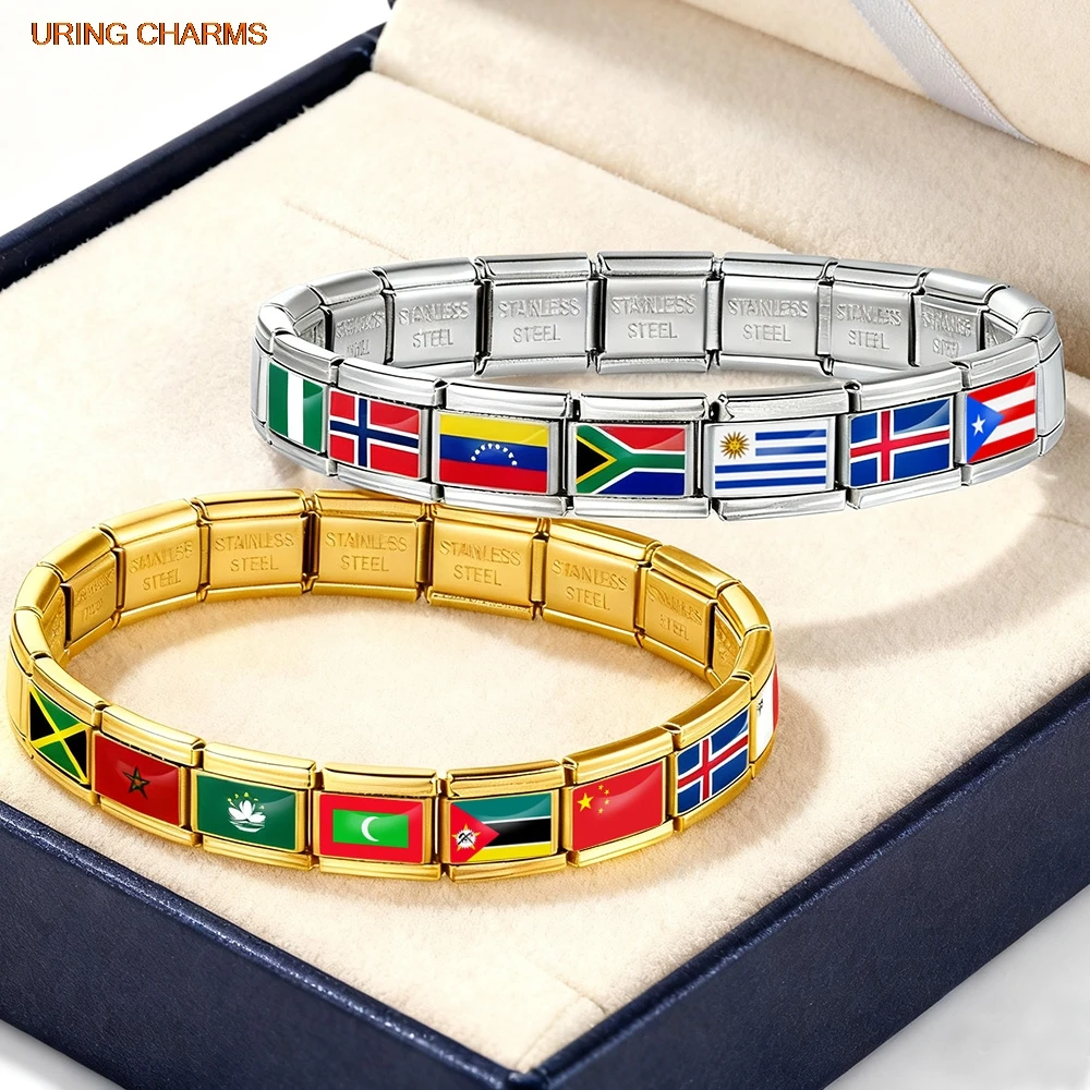 URING Großhandel Charms Link Fit 9mm Edelstahl Trendy Nationalflaggen der Welt Schmuck DIY italienische Armbänder Herstellung – Detail 3