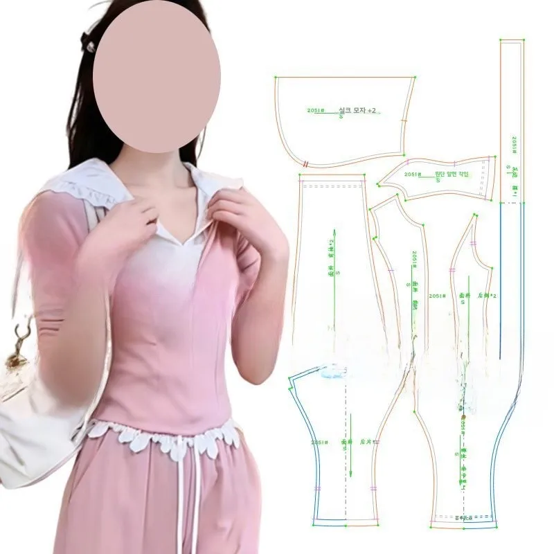 E205 레이스 스플라이싱 긴팔 베이스 티셔츠 모자 DIY 재봉 패턴 종이 드래..