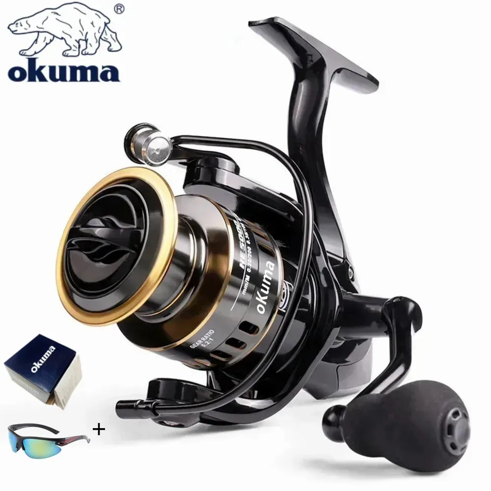 Рыболовная катушка OKUMA, металлическая шариковая ручка, спиннинговая Катушка 5,2: 1, металлическая катушка, максимальное усилие фрикциона 12 кг + очки