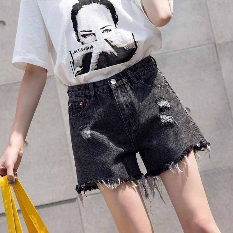 

Korea Style Casual Loose Women Denim Shorts Summer Fashion Empire High Waist Versatile Simple Solid Color Pockets Short Pants