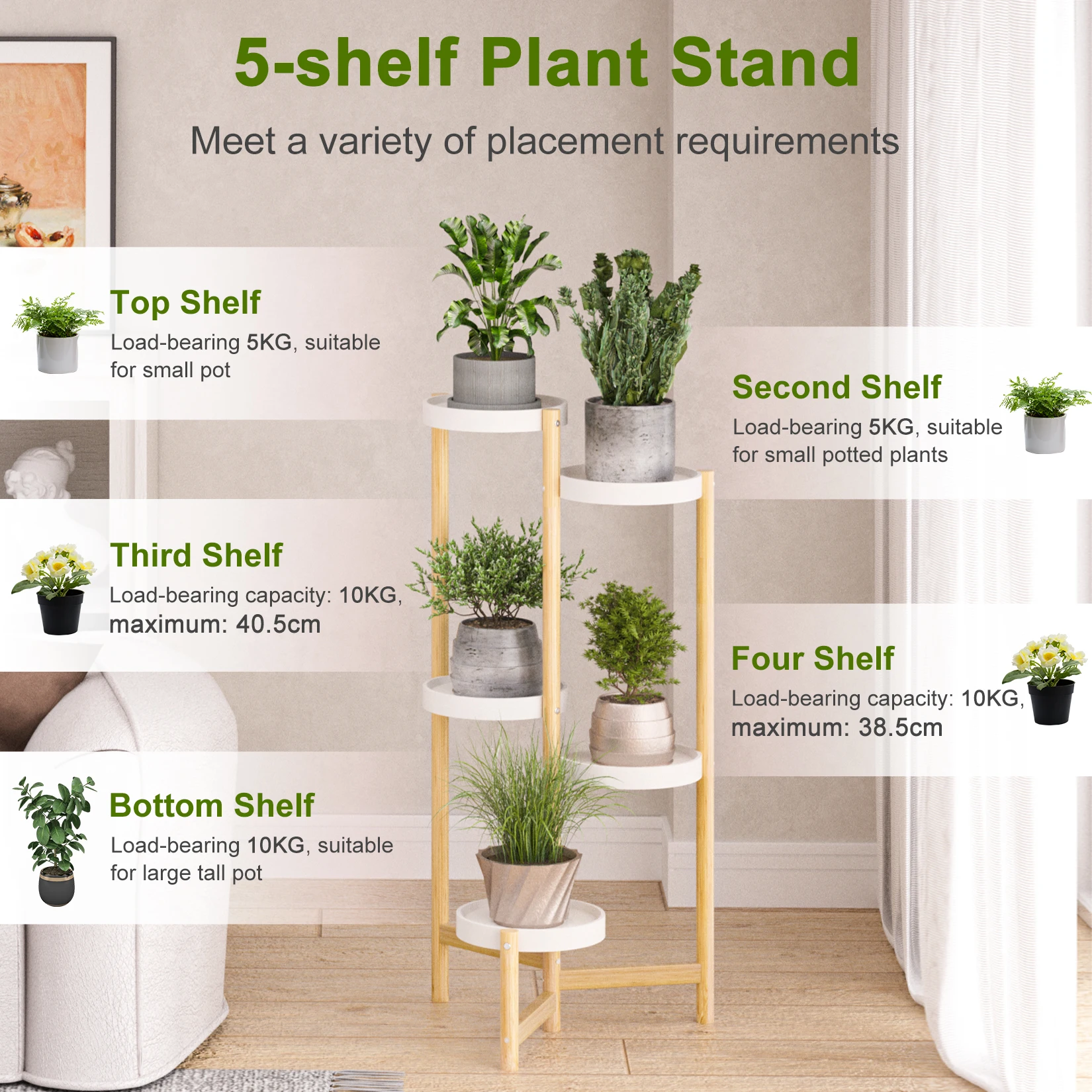 5 Tiers Planter Holder Tall Corner Bamboo Flower Pot Stand Outdoor Indoor