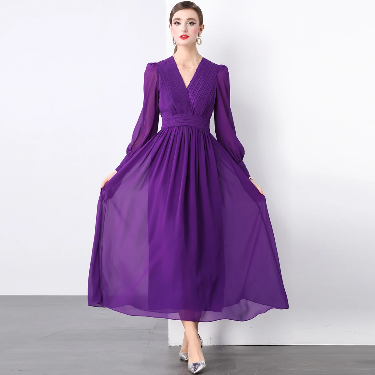 2024 Autumn New European and American Fashion Purple Solid Color Long  Sleeve Dress with Waist Fold V-neck Knee length Skirt - AliExpress 200000345