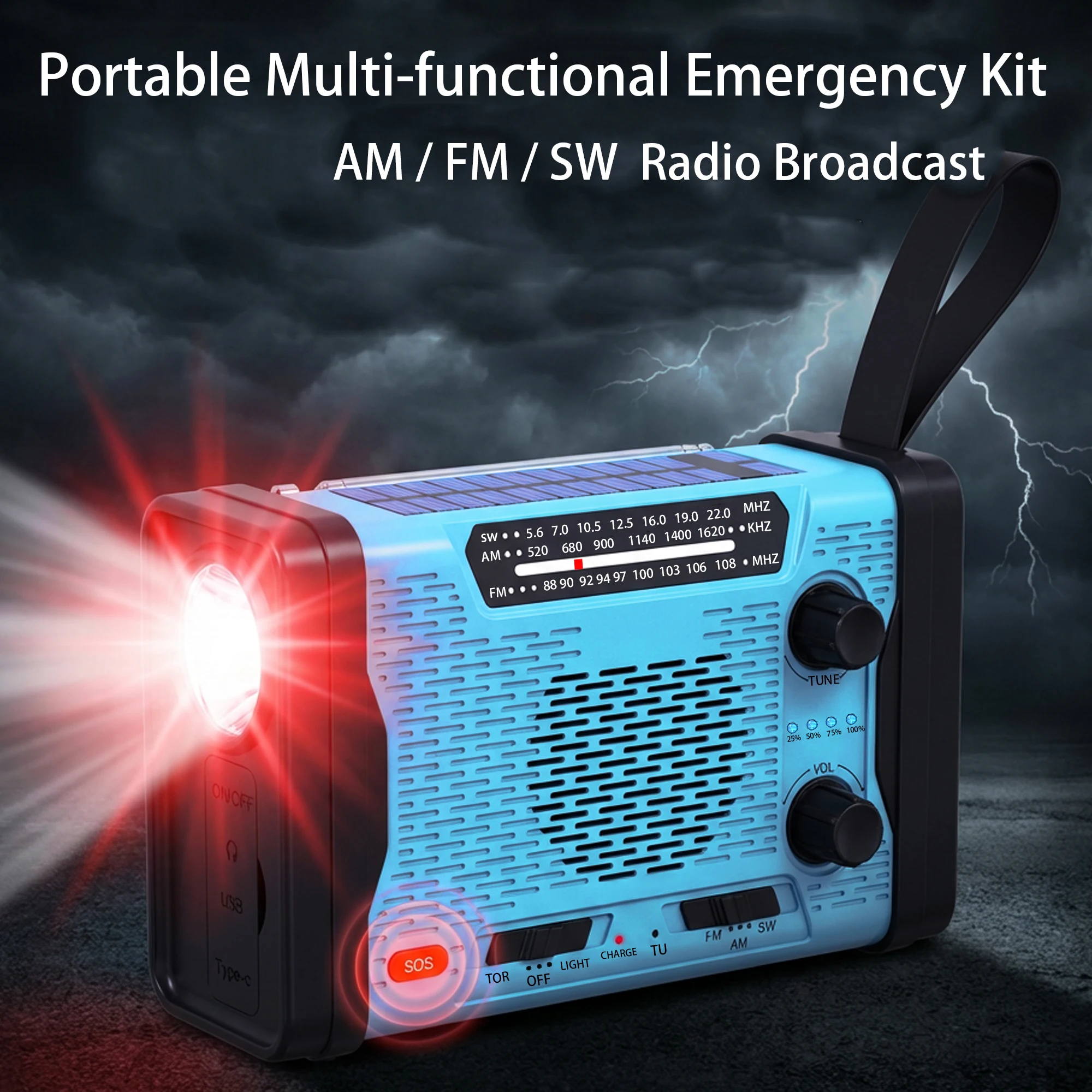 비상용 휴대용 핸드 크랭크 라디오, 태양광 AM/FM SW 라디오, SOS 알람, 손전등 5000mAh 충전식 보조 배터리