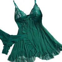 Vêtements de nuit sexy pour dormir robe de nuit femmes Lingеrie ensembles profond V Slip chemises de nuit et culottes dentelle à volants garniture sous-vêtements pyjama 1