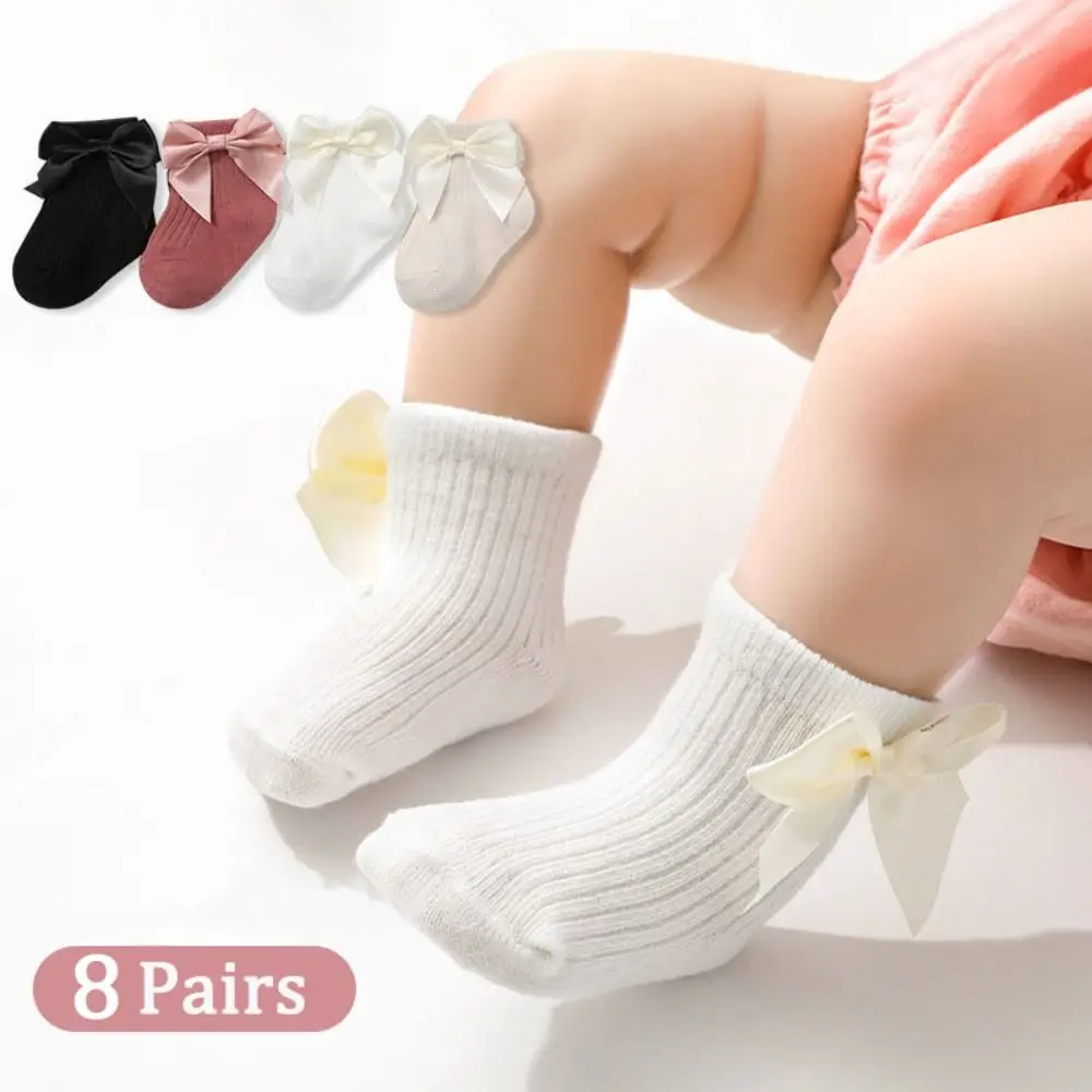 8Pairs Warm Bowknot Baby Cotton Socks Breathable Stripe Toddle Short Tube Socks Autumn Spring Cute Infant Solid Socks Gifts