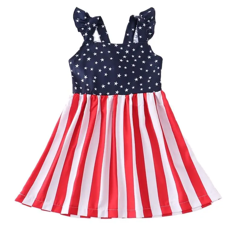 

Wholesale Summer 4th Of July Stars And Stripes Ruffle Sleeveless Straps Bow Belt Baby Girls Clothing Boutique Dress