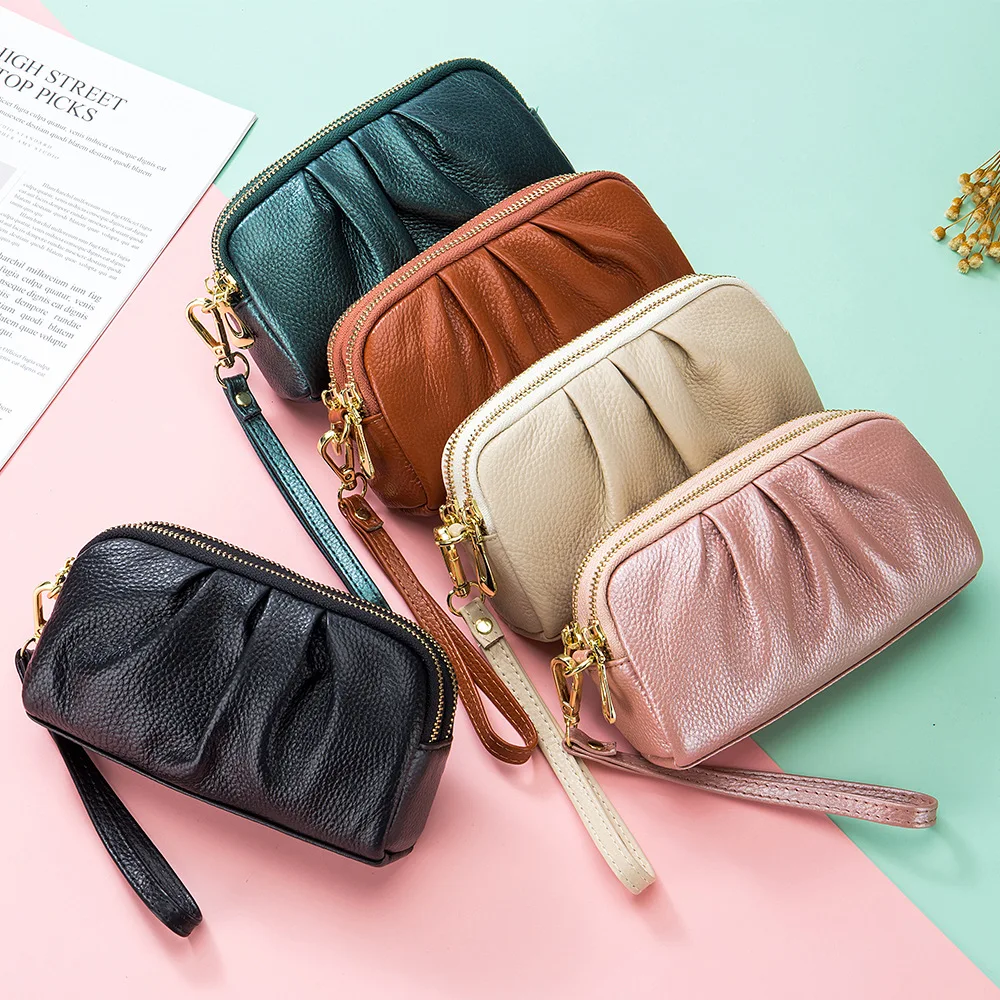 

Head Layer Cowhide Clutch Bag Double Layer Leather Female Large Capacity Mother Hand Collar Bag Female Purse