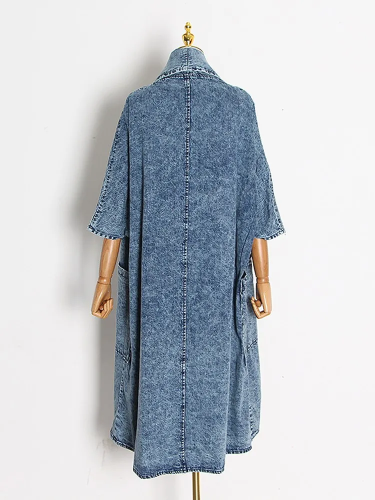 ECR Temperament Denim Vintage Windbreaker Lapel Collar Short Sleeve High Waist Loose Casual Designer Coats Female Fashion Style