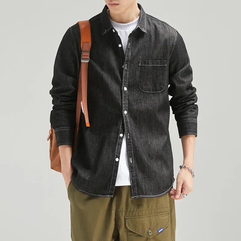 Four Seasons Men Long Sleeve Denim Shirt Cotton Jacket No Ironing Casual Social Comfortable Breathable 3 Colors