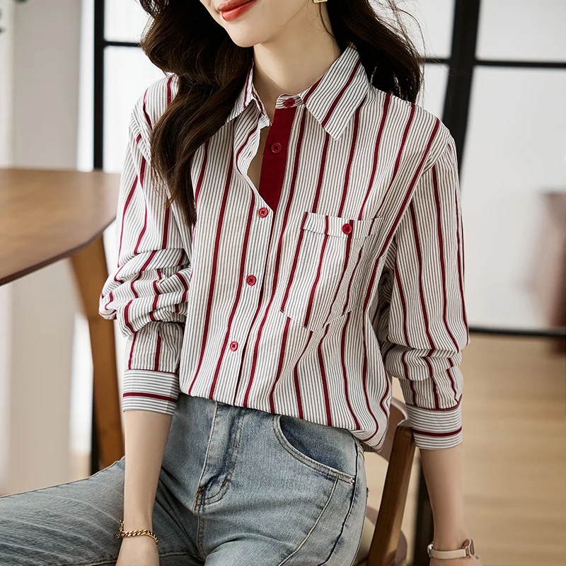 Shirts for Women New Slim Women's Clothing Fashion Polo-Neck Striped Womens Tops Long Sleeved Blouse Straight Spring Women Shirt