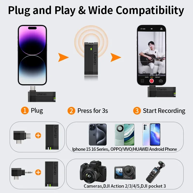 Ulanzi A100 ワイヤレスラベリアマイクプロフェッショナル 20 メートル