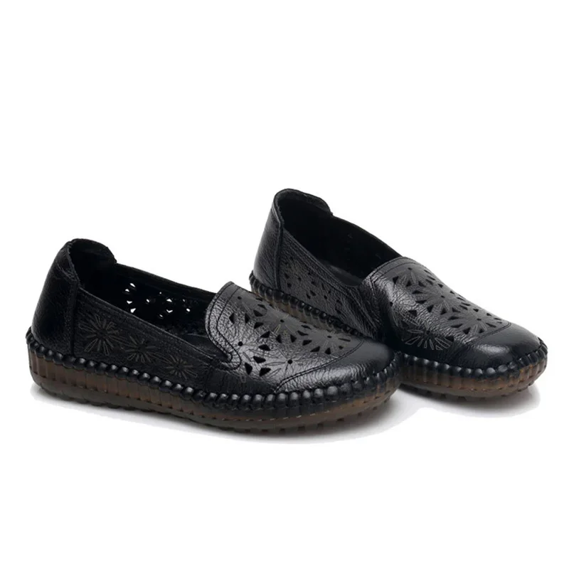 TIMETANG Fit Wide Foot Handmade Genuine Leather Flat Shoes Women Summer Shoes Lady Loafers Breathable Soft Hollow Female Shoes 4