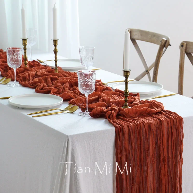 Elegant Dark Mustard Semi-Sheer Gauze Table Runner