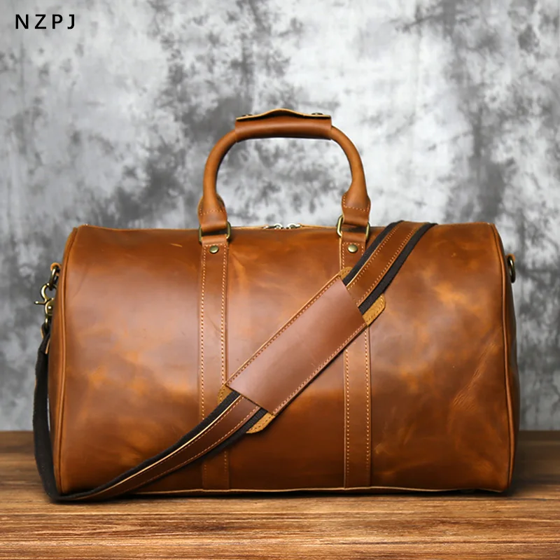 NZPJ Retro Men's Large-Capacity Leather Travel Bag First Layer Cowhide Shoulder Messenger Handbag with Zipper for 15 Inch Laptop