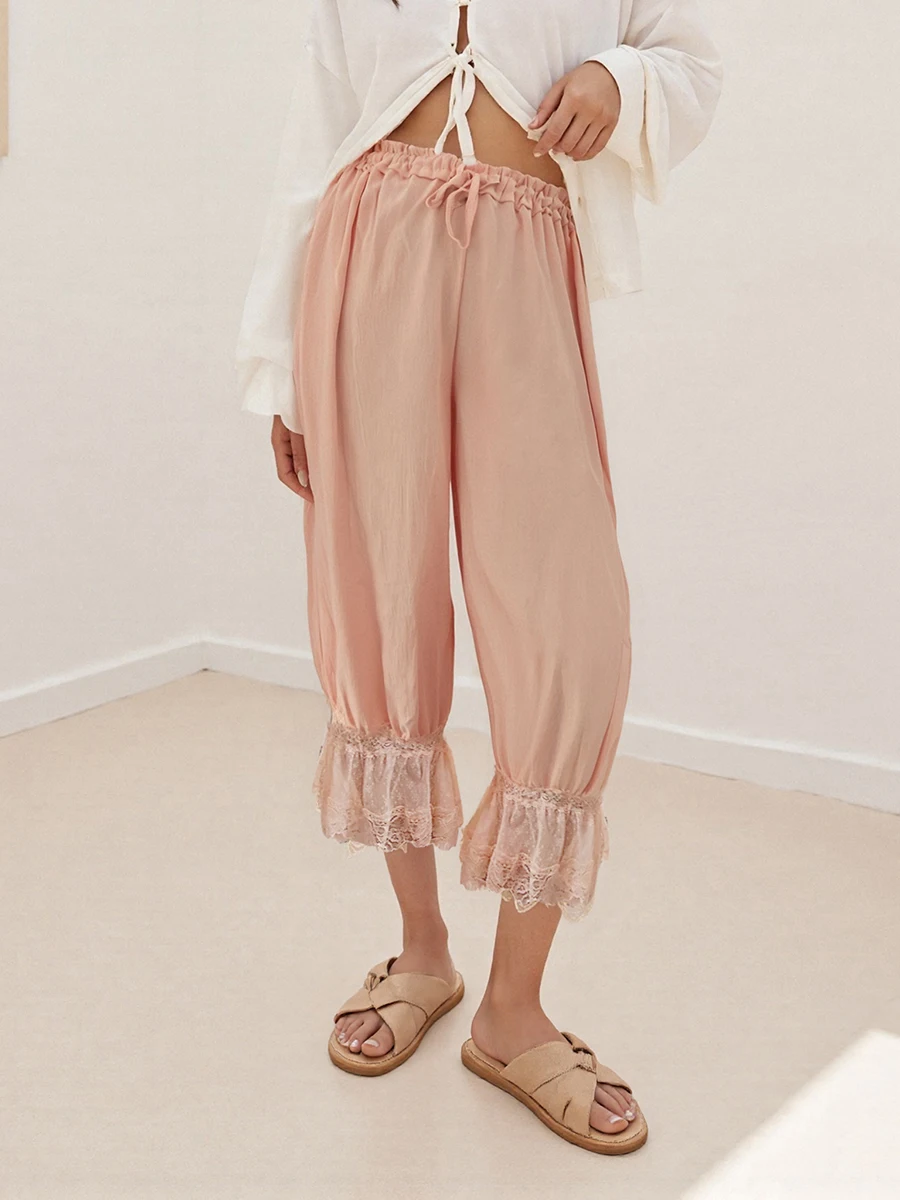 Women's Y2K Loose Fit Bloomers Cropped Pants Drawstring High Waist Floral Lace Patchwork Calf-Length Lantern Trousers
