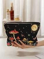 1pc，Mushroom Forest Pattern Corduroy Zipper Makeup Bag, Lightweight Multi functional Makeup Storage Bag 1