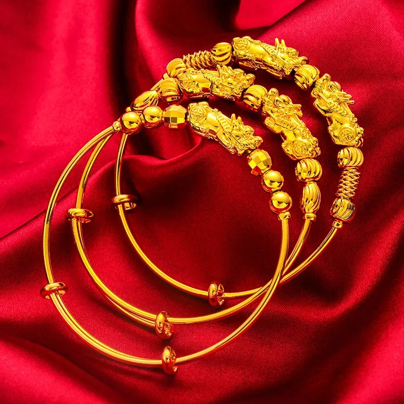 

Original 24k Yellow Gold Color Money Pixiu Transfer Beads Bracelets for Women Baby Golden Bangles Fine Jewelry Gifts Not Fade