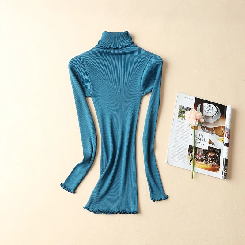 Silk Cotton Sweater Women's Mulberry Silk Cotton Base Sweater High Elastic Slim Seamless Long-sleeved Knit Top Turtleneck 70% Silk + 30% Cotton