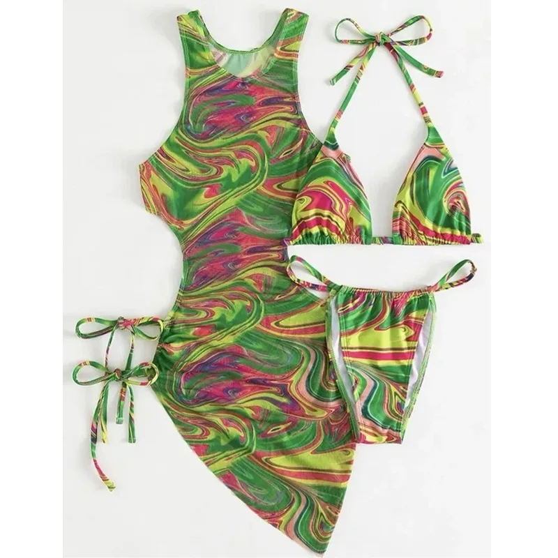 3 Piece Bikini Set for Women Padded Floral Print String Swimsuits Bathing Suit Sexy Cutout High Neck Mesh Beach Cover Up