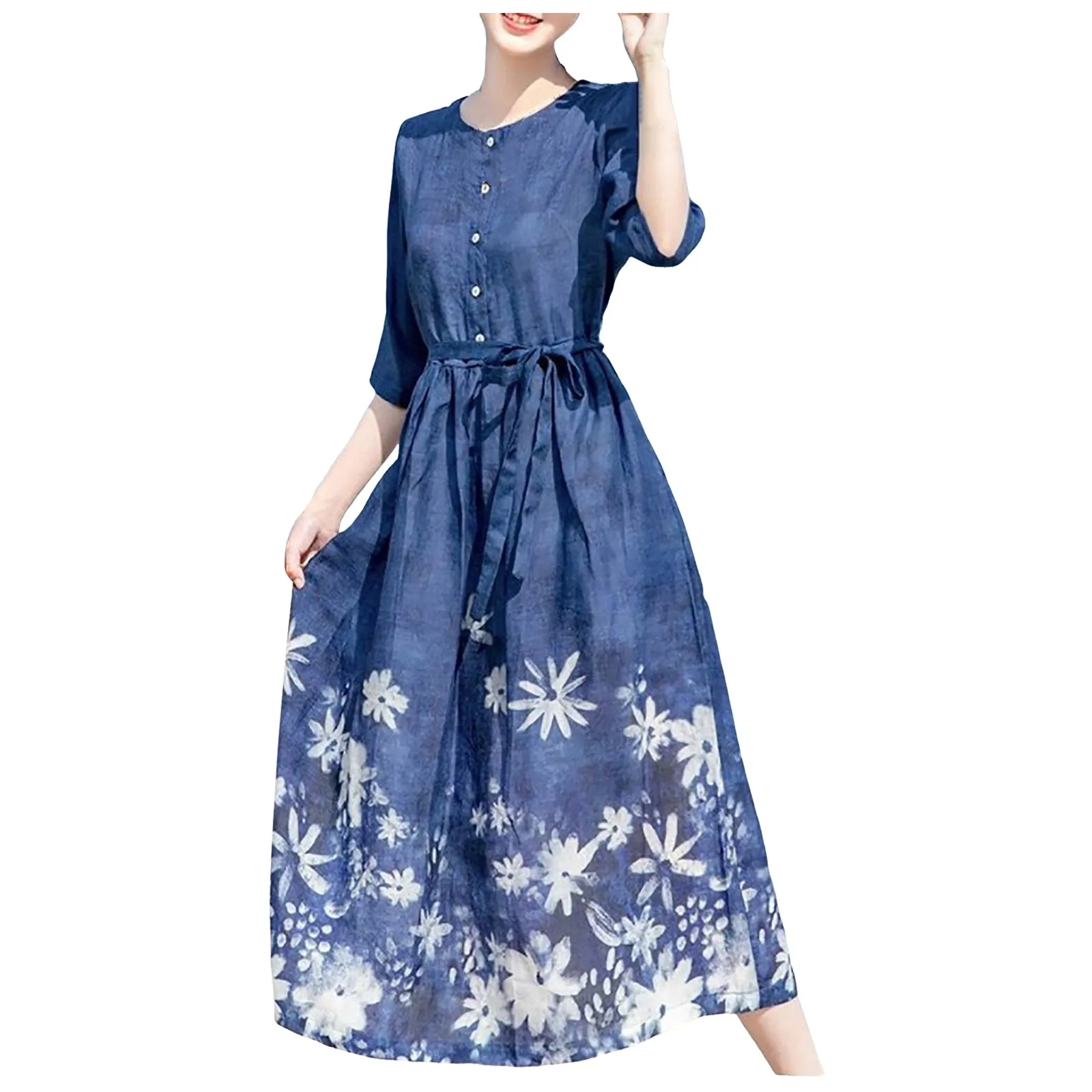 

2024 Spring Summer Dresses for Women Trendy Boho Floral Printed Crew Neck Sundress Half Sleeve Button Lace Up Casual Dress