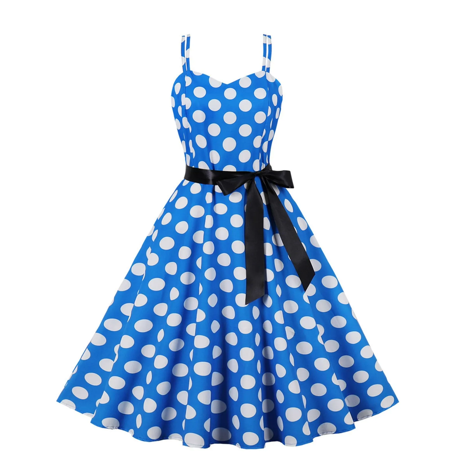 

2024 Women Summer Dress Robe Vintage 50s 60s Big Swing Party Rockabilly Dress Sexy Spaghetti Strap Polka Dot Vestidos