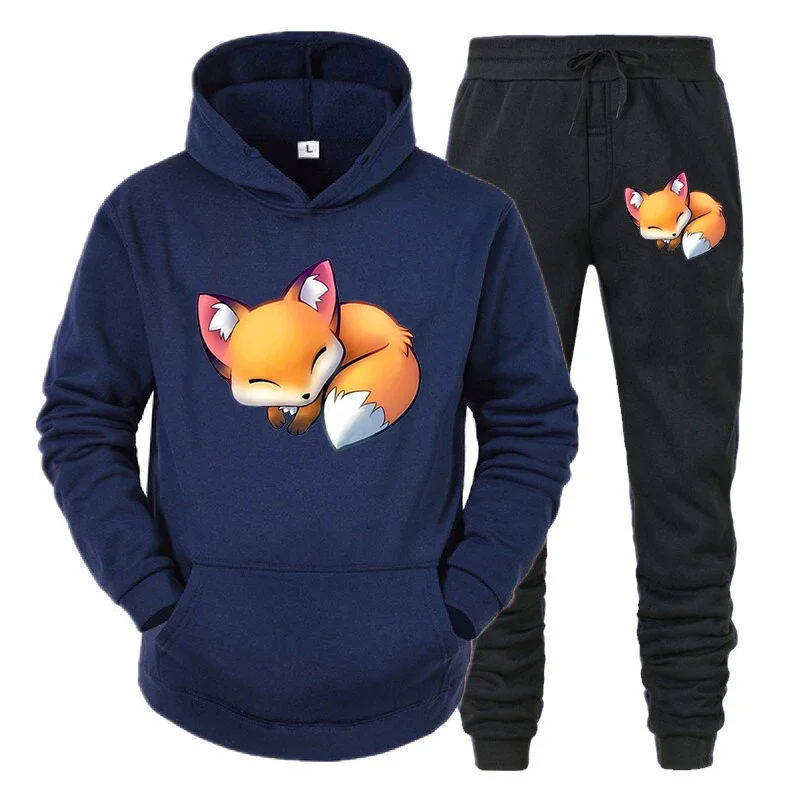 Conjunto de 2 piezas de sudadera y pantalones con estampado de zorro y anime para hombre, sudadera con estampado de animales de dibujos animados divertidos, pantalones, ropa de calle holgada de manga