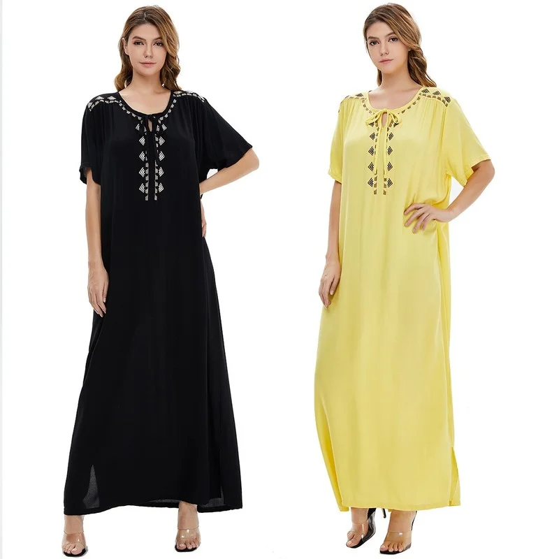 Dubai Turkish Muslim Abaya Femme Solid Color Short Sleeve Loose Fashion Women's Dress Middle East Saudi Arabia Islamic Clothing