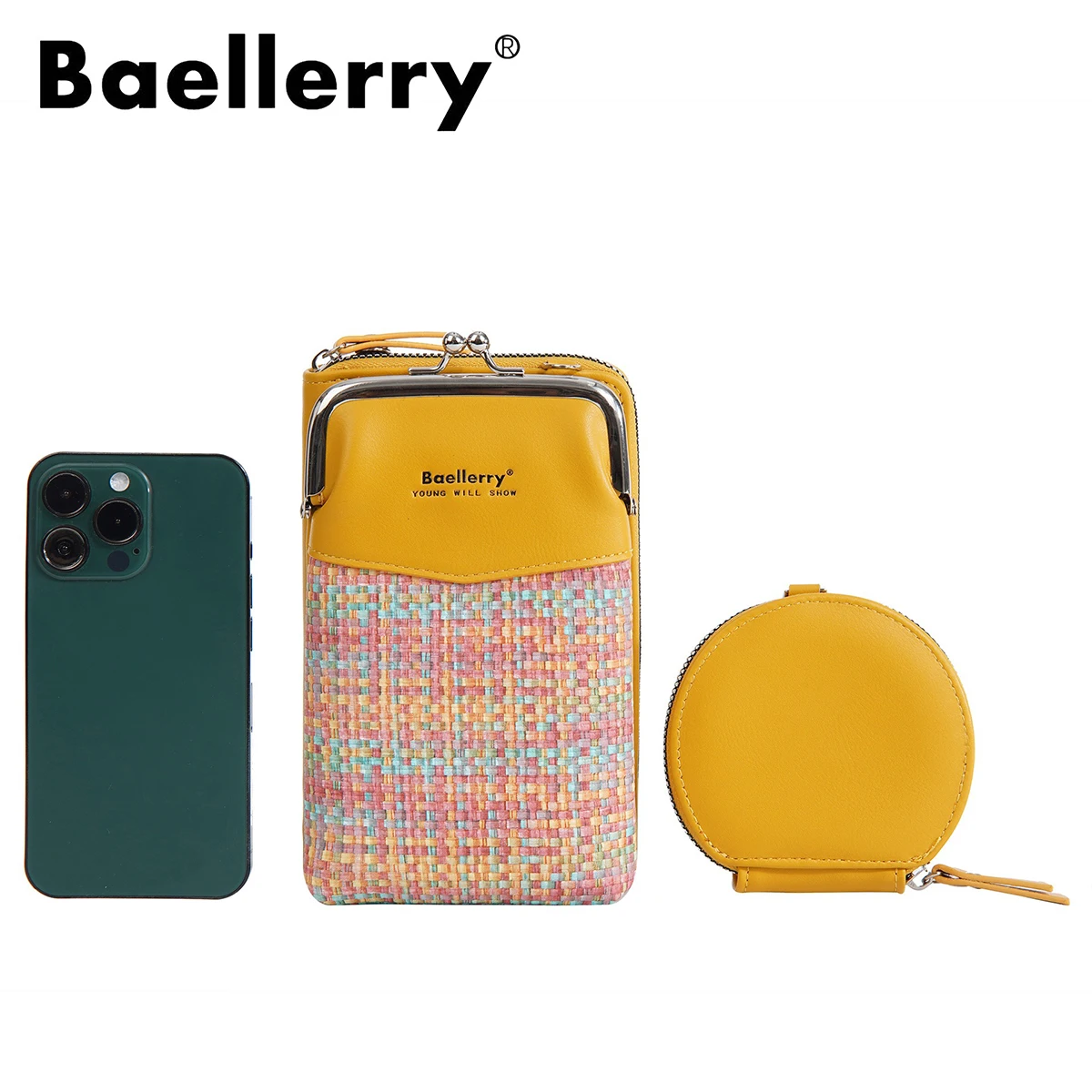 Baellerry Woven Pattern Phone & Wallet Set, Women's Crossbody Bag Specific for Mobile, RFID Multifunctional Shoulder Purse