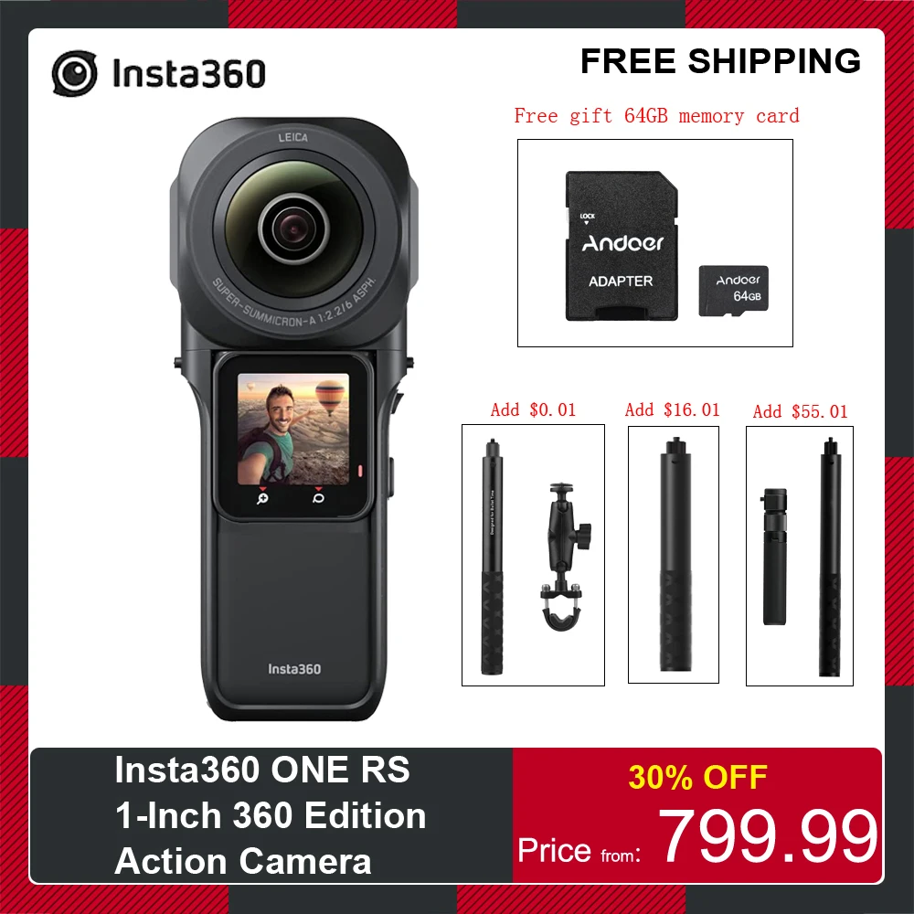Insta360 ONE RS 360 에디션 액션 카메라, 360 ° 파노라마 카메라, 6K 21MP IPX3 방수 스포츠 카메라, 셀카봉 포함, 1 인치