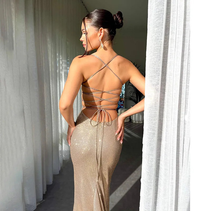 Glitter Backless Fashion Long Dress Women's Bandage Sexy Autumn Slim Sparkle Lace-Up Dress Ladies Party Dress Solid