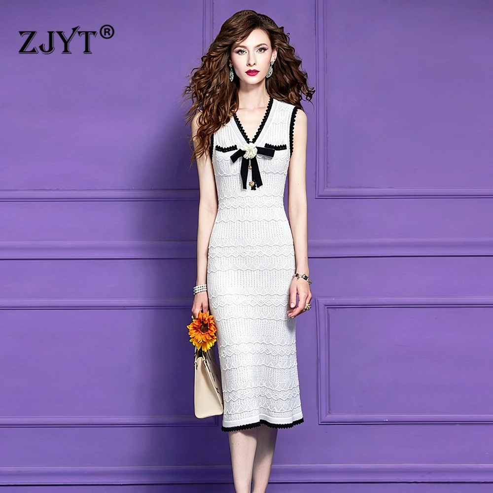 ZJYT Elegant Women's Summer Knitted Dress 2026 New Designer V Neck Floral Sleeveless Long Maxi Dresses for Party Evening White 1