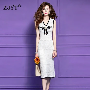 ZJYT Elegant Women's Summer Knitted Dress 2026 New Designer V Neck Floral Sleeveless Long Maxi Dresses for Party Evening White 1