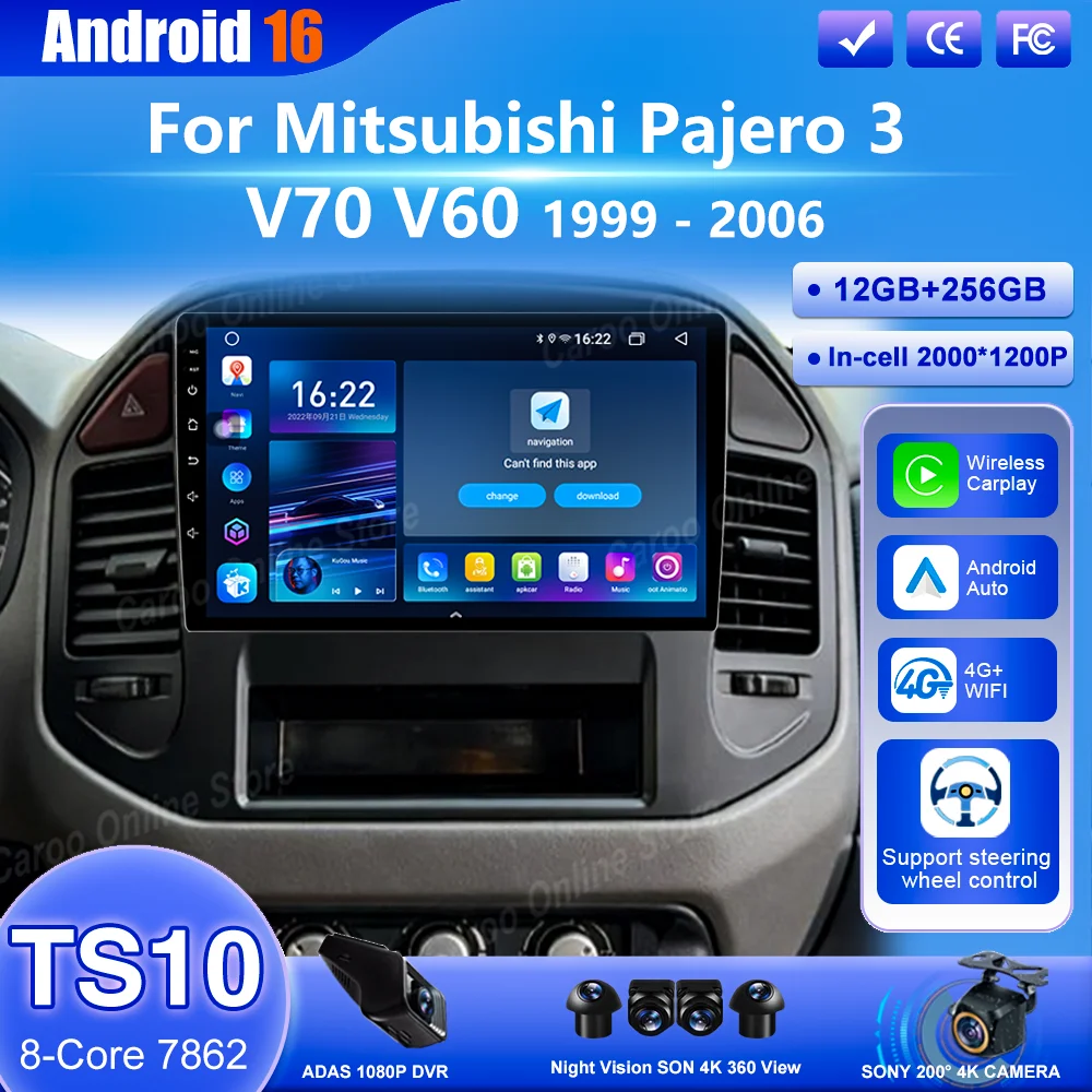 Reproductor Multimedia Android 16 estéreo de Radio DVD para coche para Mitsubishi Pajero 3 V70 V60 1999 -2006 Auto Carplay 4G + navegación GPS Wifi 1