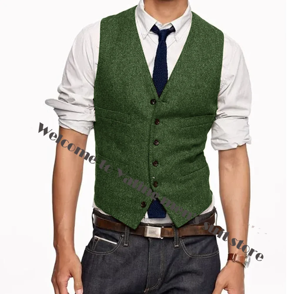Bristish Groom Vests Brown Wool Herringbone Tweed Groomsmen Vest Mens Suit Prom Wedding Waistcoat Dress Plus Size In Stock