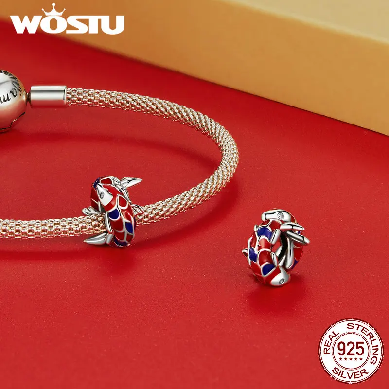 WOSTU 925 Sterling Silver Chinese New Year Series Red KOI Lantern Charm Fortune Cat Bead Fit Bracelet DIY Necklace Jewelry Gift 6