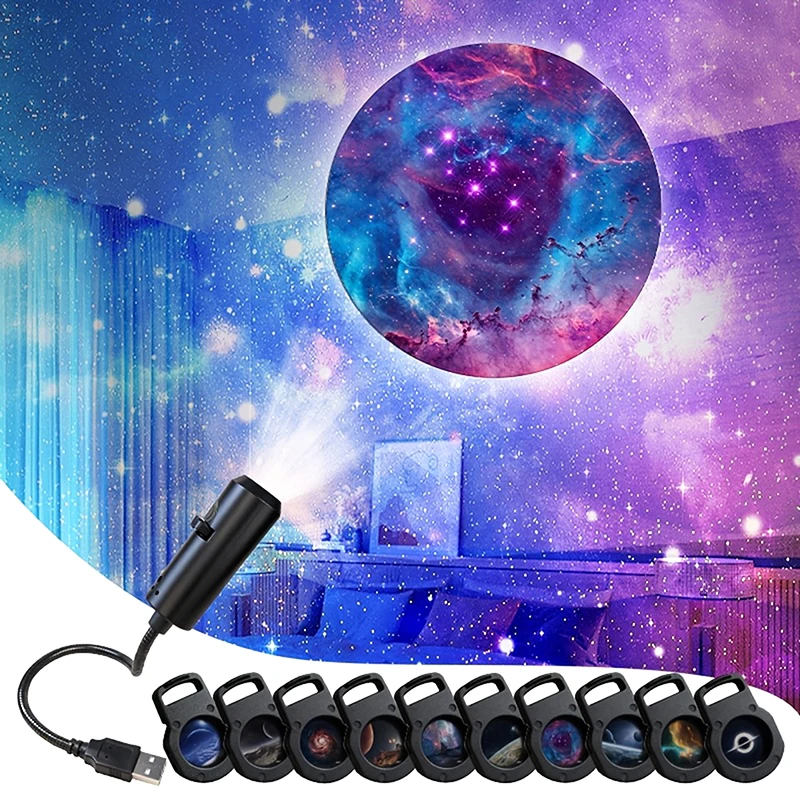 [신제품] 새로운 LED 갤럭시 프로젝션 라이트 1등+10개 사진 변경, LED 갤럭시 프로젝터, 별이 빛나는 하늘 조명 야간 조명