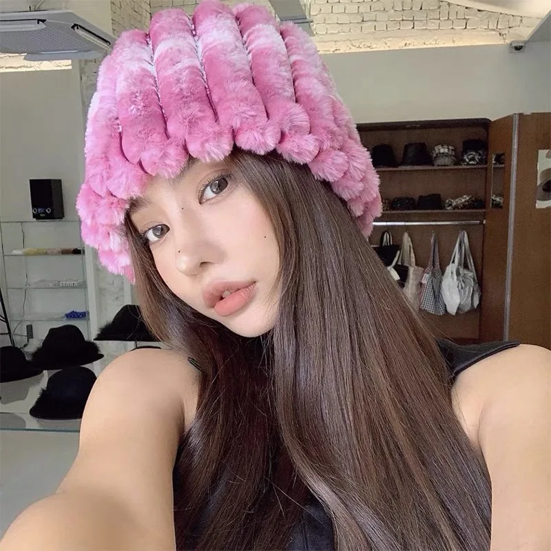 

Korean Gradual Color Fluffy Bucket Hats Female Winter Vertical Strip Warm Ear Protection Basin Hat Plush Thick Fisherman Caps