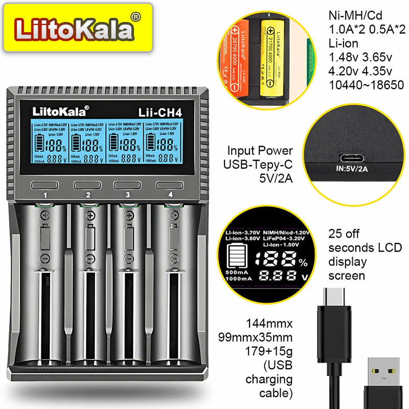 LiitoKala Lii-CH4 CH2 3.7V 3.85V Li ion 18650 1.2V 1.5V Ni MH AA AAA 3.2V/3.65V LiFePO4 Rechargeable Smart Charger LED 0.5A 1A