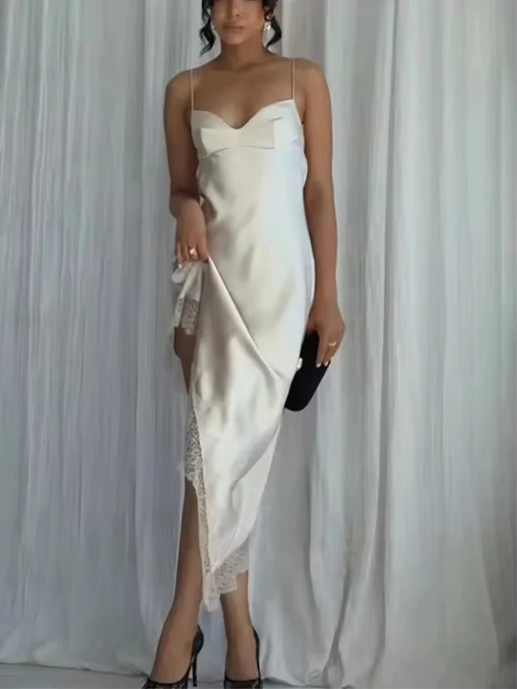 Women Sexy Lace Satin Elegant Long Dress Asymmetric Hem Dress New 2025 Summer Fashion Holiday Party Beach Dresses