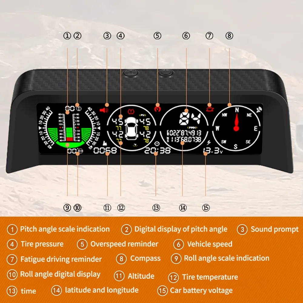 X91-WZ GPS TPMS 타이어 모니터 경사계 게이지 상단 시야각 경사계 디지털 자동차 나침반 과속 경보 자동차 속도계