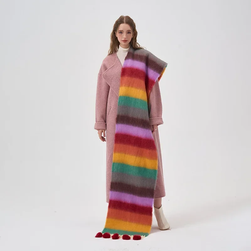 Cute Colorful Striped Scarf Lovers Neckband Rainbow Kawaii Mohair Cashmere Scarf with Hairball Winter Warm Thickened Accessories