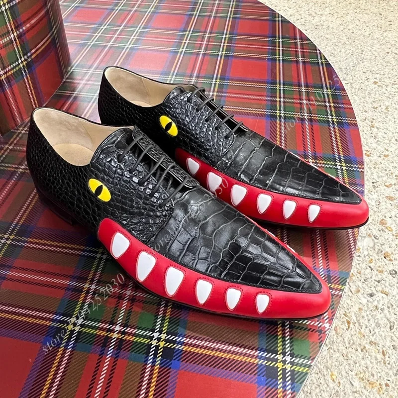Black Graffiti White Leather Men Derby Pointed Toe Thick Heel Eye Totem Low Flat Shoes Spring Lace-Up Loafers Party Wedding Shoe 3