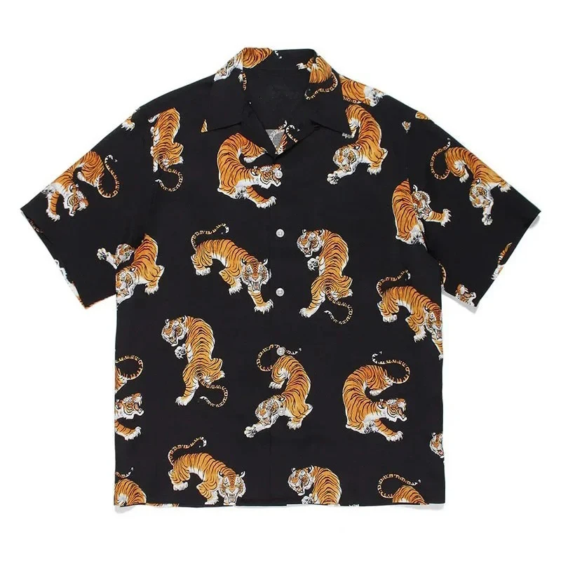 Camisas Hawaianas Con Estampado De Rayas De Tigre Naranja - Trajes De Verano Tropicales Funky - Ropa De Playa Retro Para Hombres, Negro