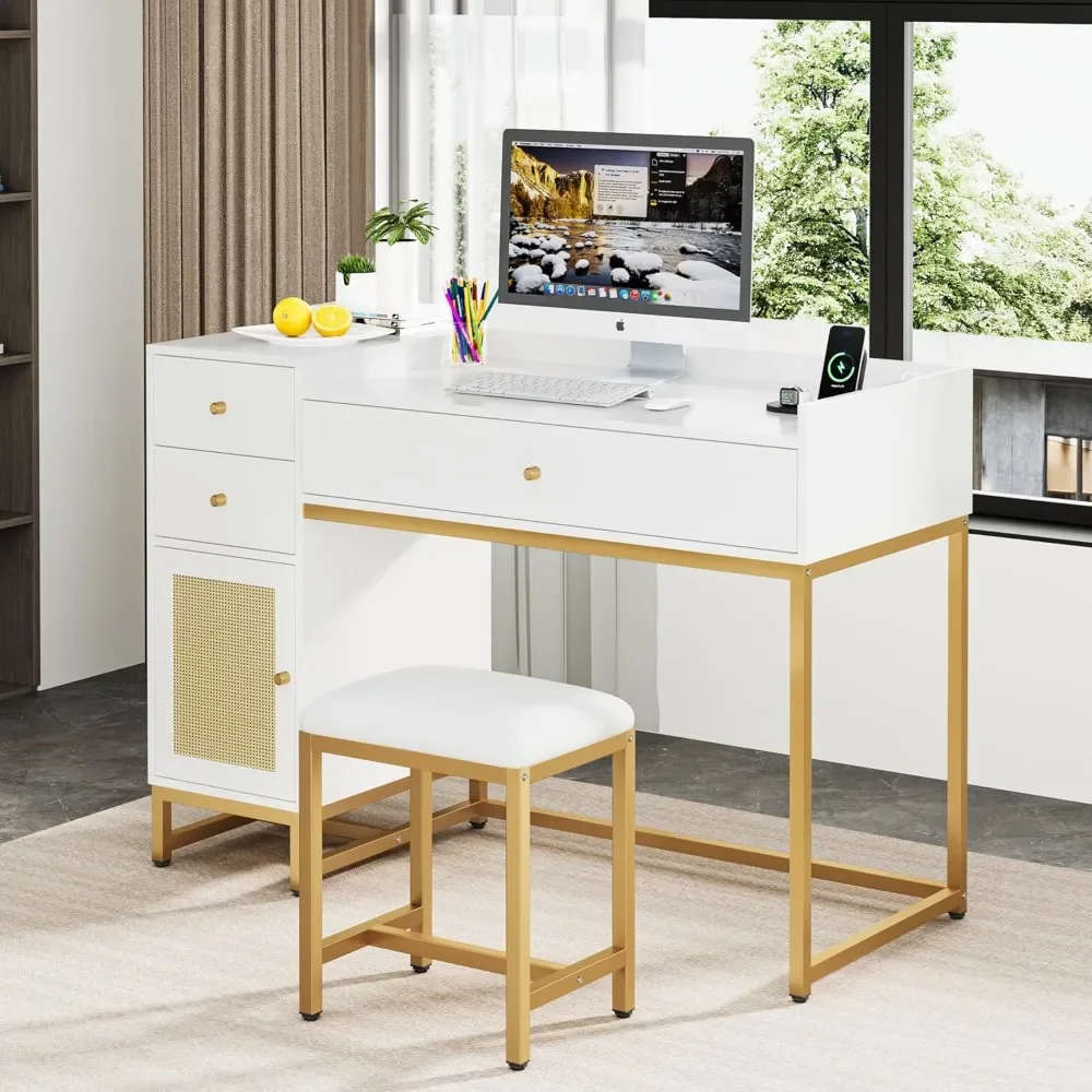 Office Furniture Desk Sets, Computer Desk And Chair Set, White And Gold Desk With 3 Drawers And Rattan Cabinet,Home Office 6