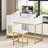 Office Furniture Desk Sets, Computer Desk And Chair Set, White And Gold Desk With 3 Drawers And Rattan Cabinet,Home Office 6