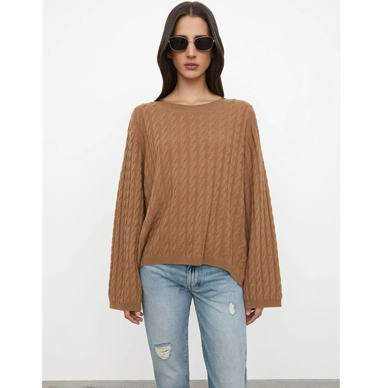 

New Colors!! TT Cable Winter Season Cashmere O-neck Casual Loose Style Longer Rear Sweater