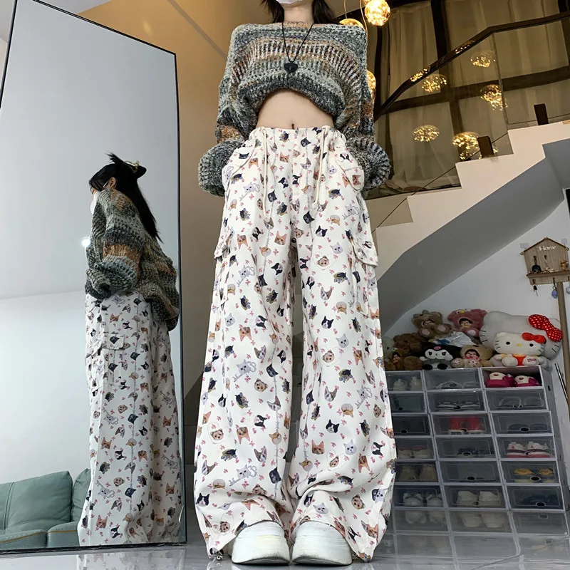 

2024 Autumn Winter Women White Pants High Waist Vintage American Streetwear Y2K Cargo Pants Female Printing Trouser Baggy Pants